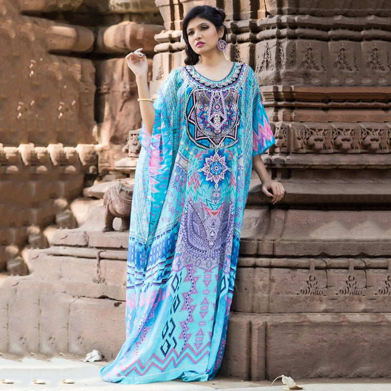 Women's elegant maxi kaftan with elaborate ethnic design and side slits Ivyshape