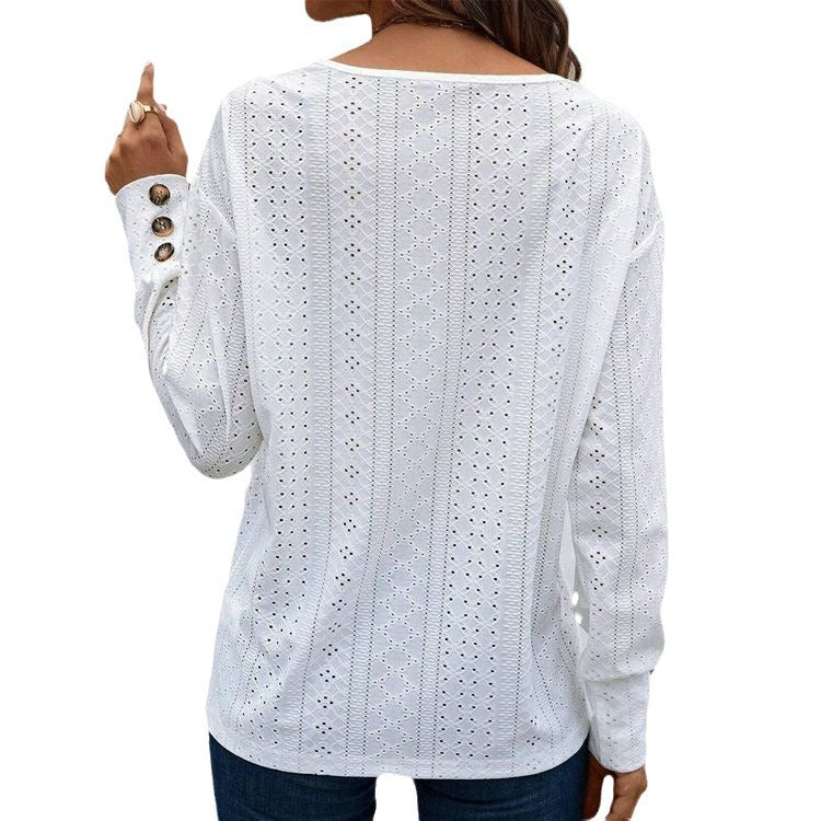 Women's blouse with decorative eyelet embroidery and button details Ivyshape