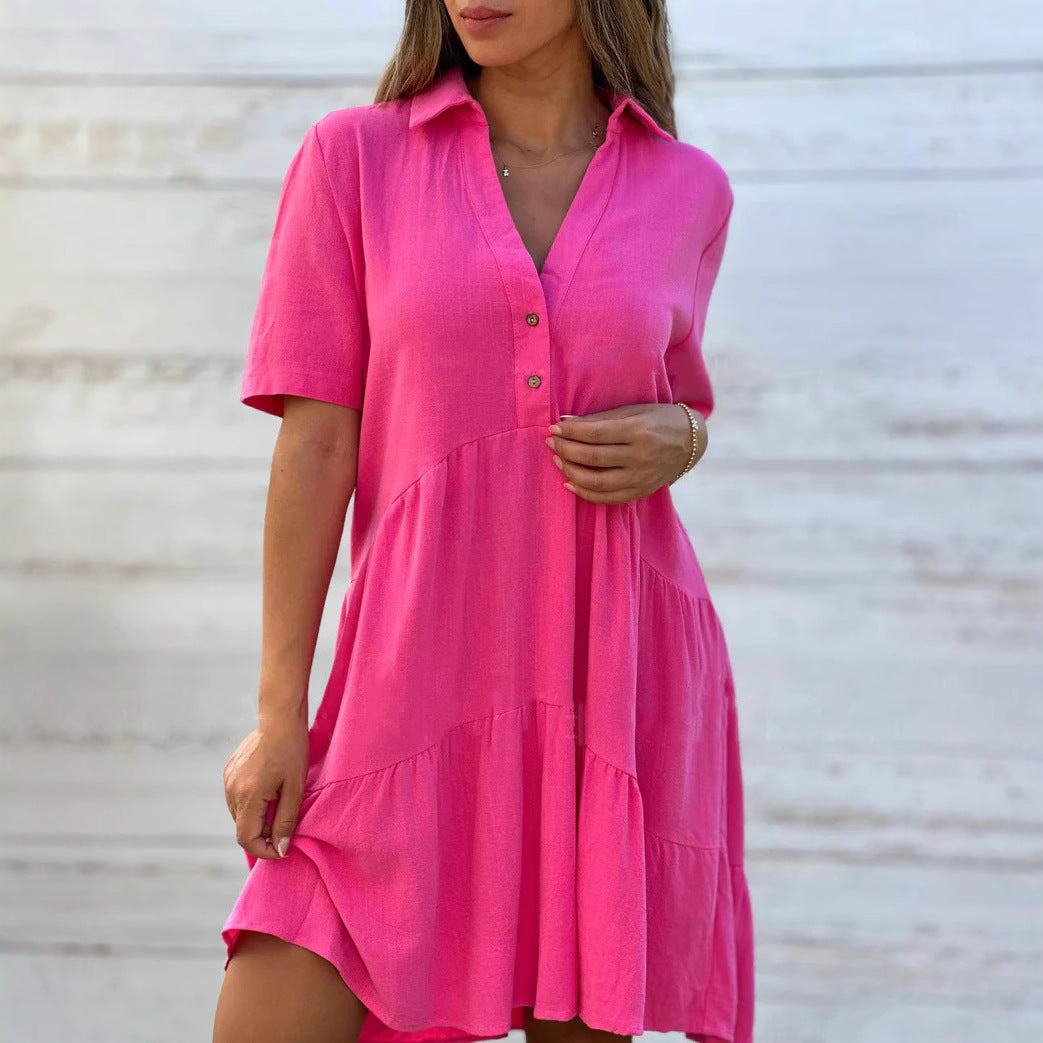 Women Short Sleeve Button-Up Swing Dress Ivyshape