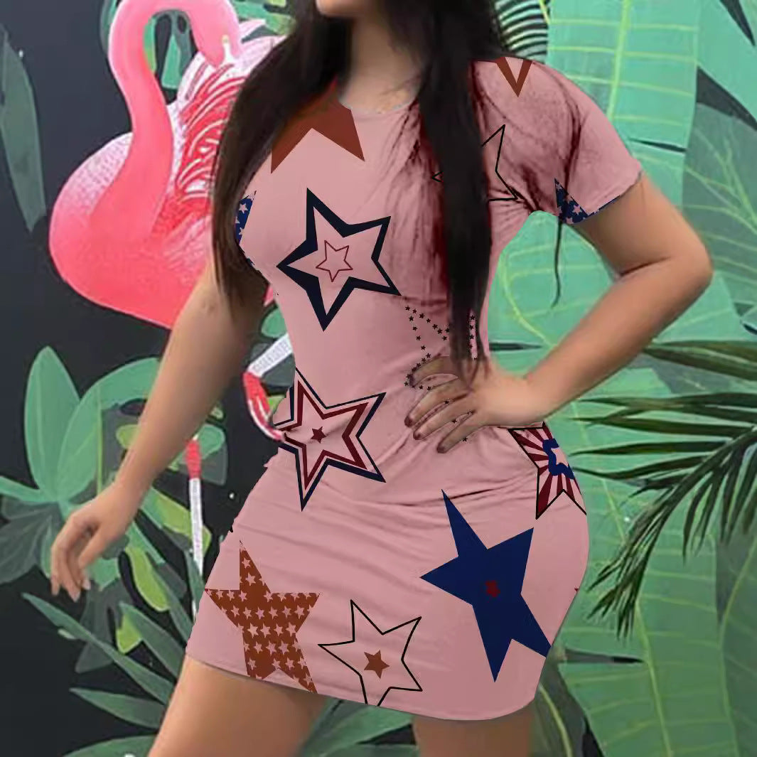 Women casual T-shirt dress with modern star pattern Ivyshape