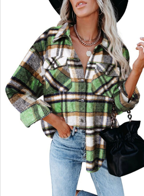 Women casual check blouse with decorative buttons and patch pockets Ivyshape