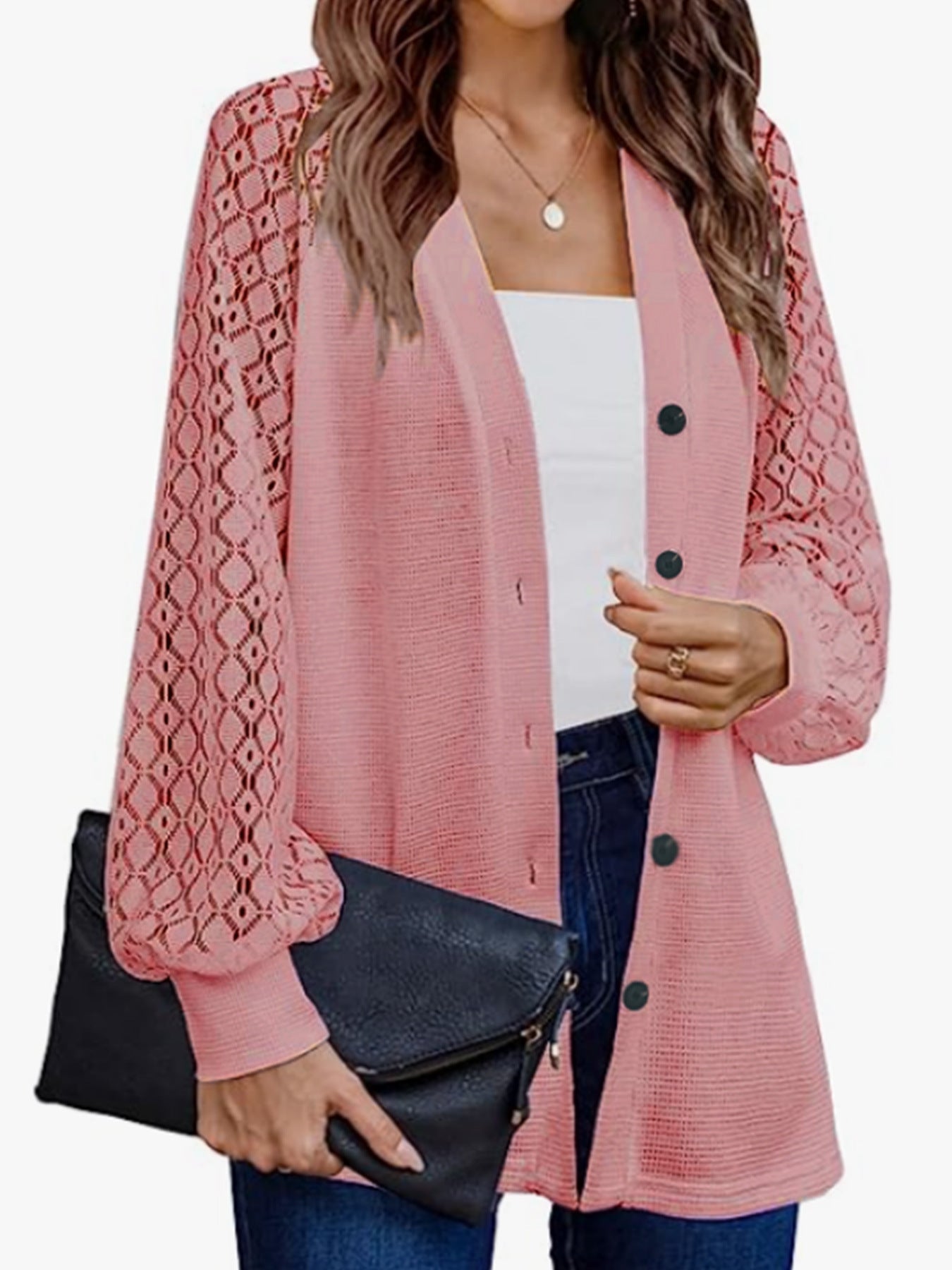 Women's airy knitted cardigan with transparent crochet pattern and button placket Ivyshape