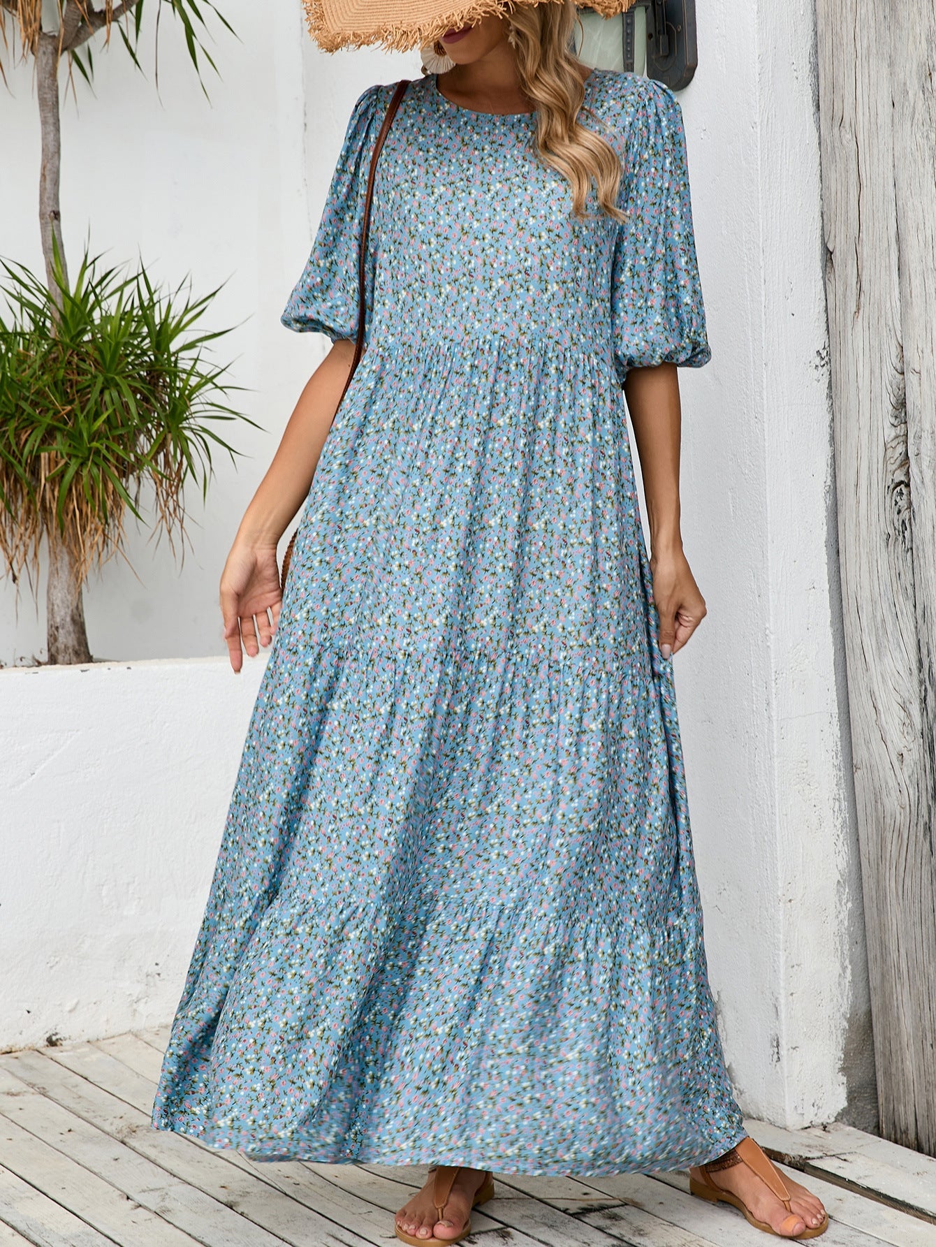 Women's maxi dress with playful floral design and elastic waist tie Ivyshape