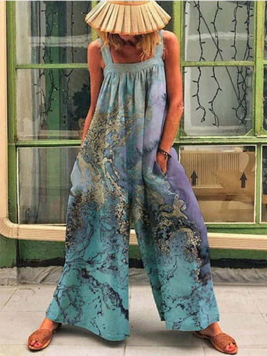 Ladies Art Print Wide-Leg Overall Ivyshape