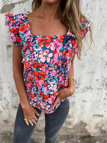 Women Flower Ruffle Sleeve Top Ivyshape