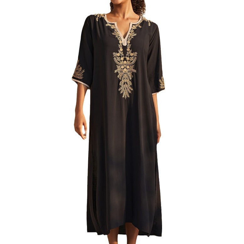 Women's Maxi Kaftan with Elegant Gold Embroidery Ivyshape