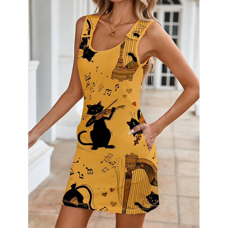 Ladies mini dress with cute cat motif and practical pockets Ivyshape