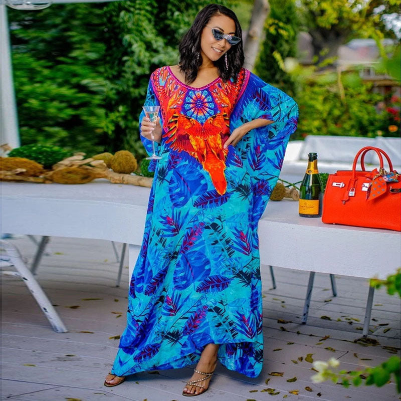 Women's Maxi Kaftan with Colorful Animal Motif and Wide Cut Sleeves Ivyshape