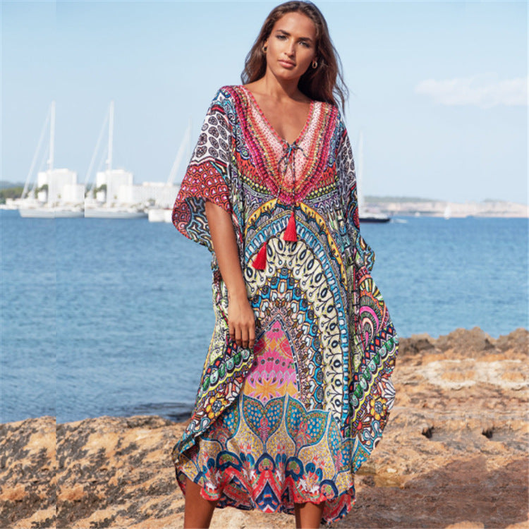 Women's beach tunic with colorful mandala pattern and airy sleeves Ivyshape
