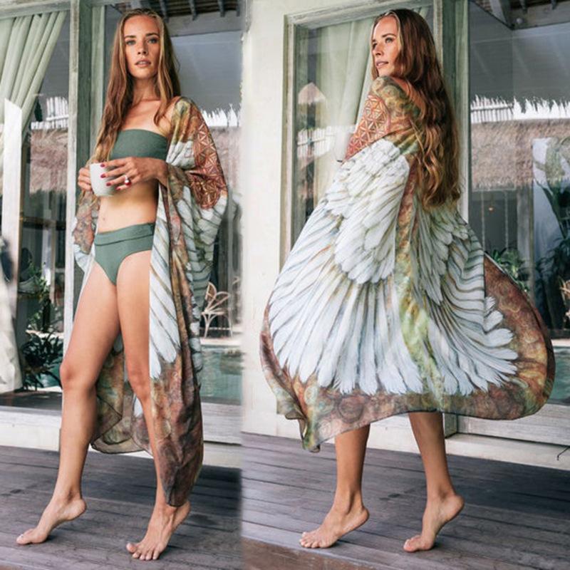 Women's Beach Cloak with Artistic Wings Design Ivyshape