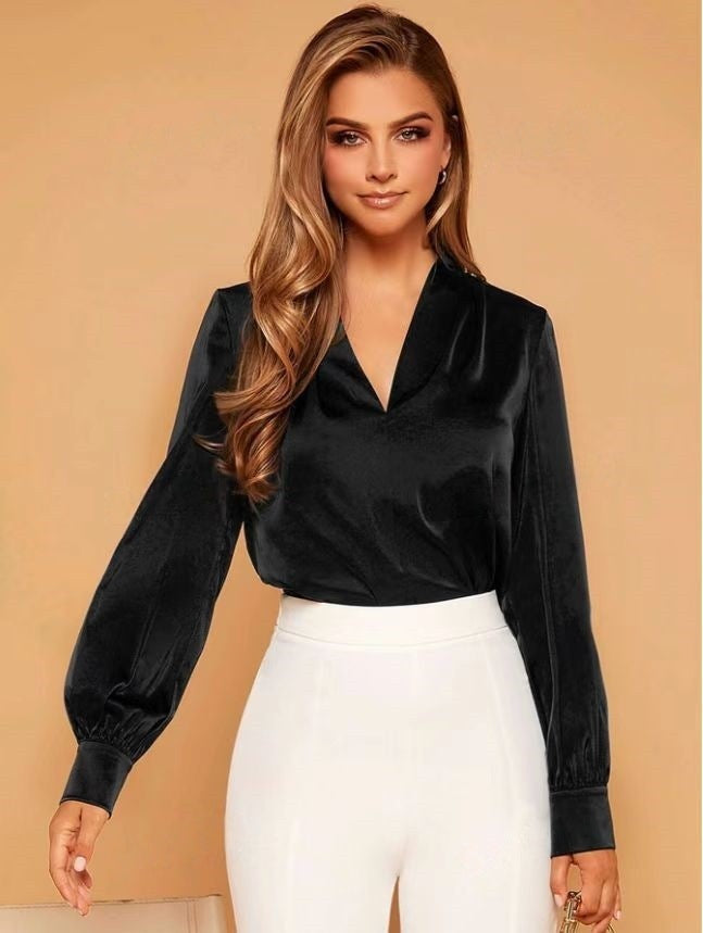 Women's Satin Blouse with V-Neck and Elegant Puff Sleeves Ivyshape