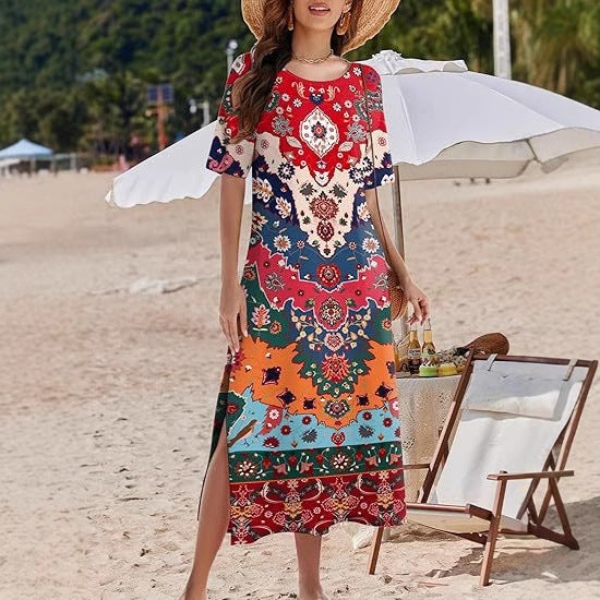 Women's Bohemian Style Maxi Dress with Side Slits Ivyshape