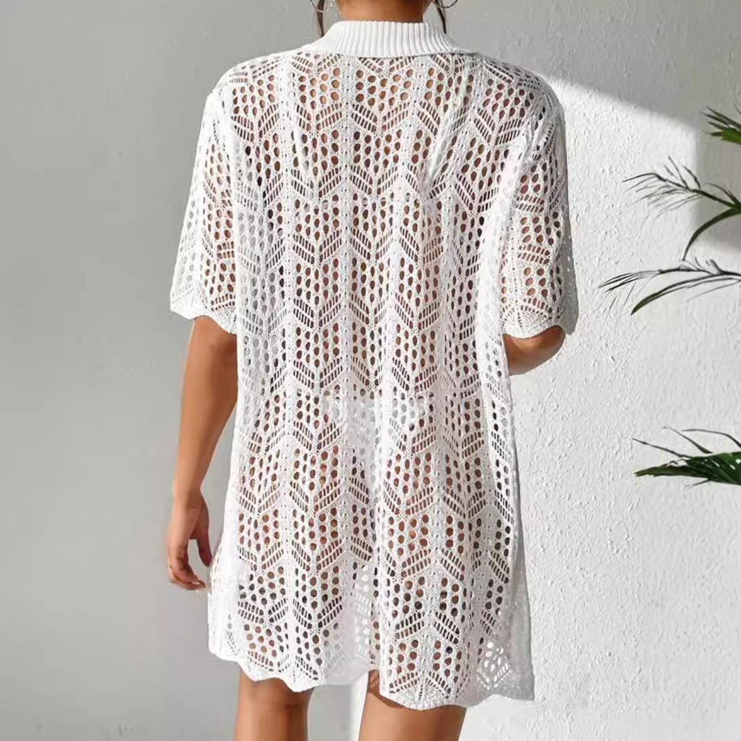 Women's crocheted beach cover-up jacket with a loose fit and trendy design Ivyshape