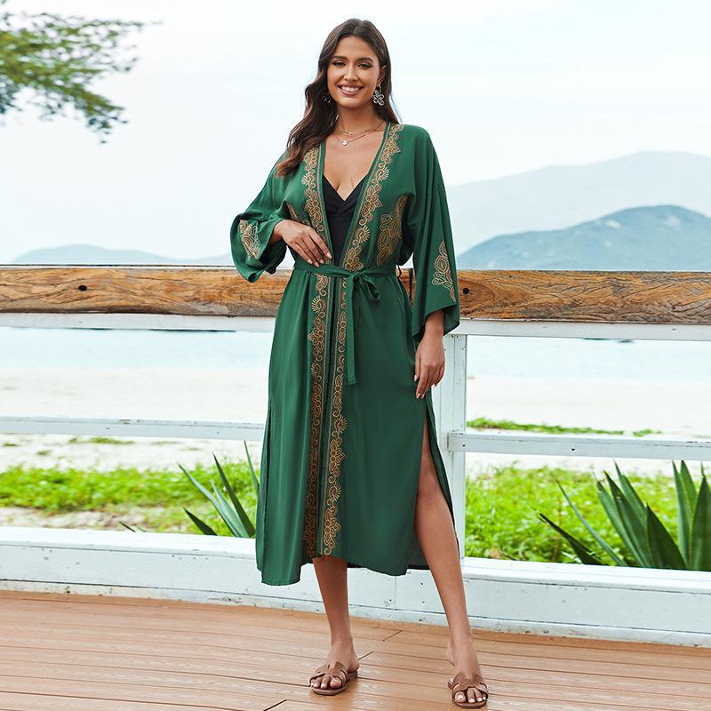 Ladies elegant beach kimono with intricate embroidery and deep V-neck Ivyshape