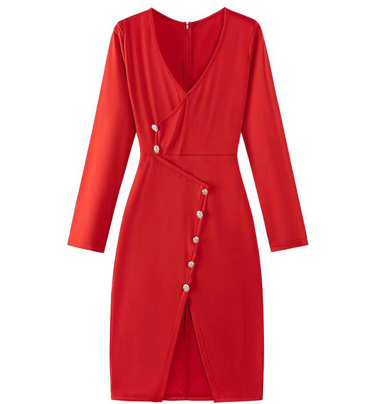 Women’s wrap dress with button details and modern V-neck Ivyshape