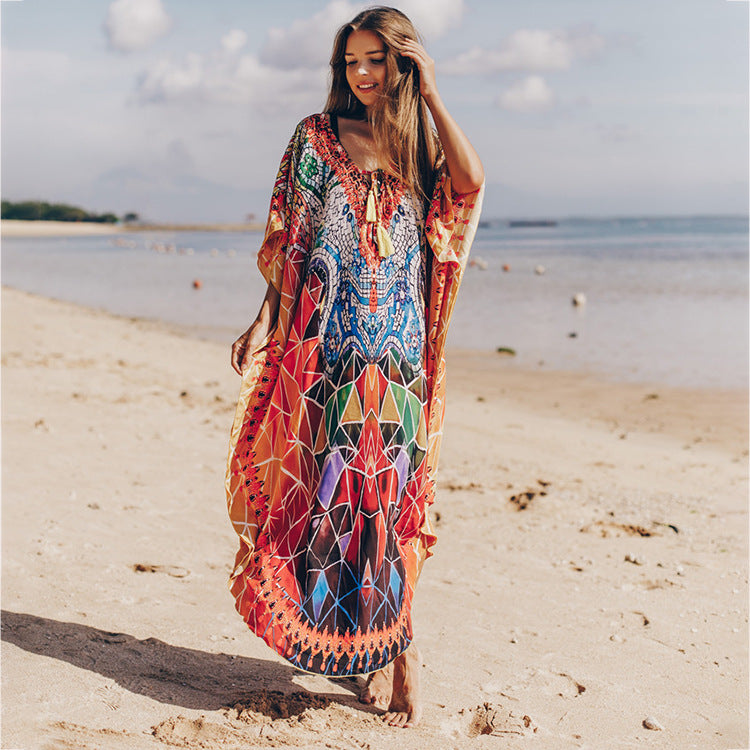 Women's beach kaftan with colorful mandala pattern and casual cut Ivyshape