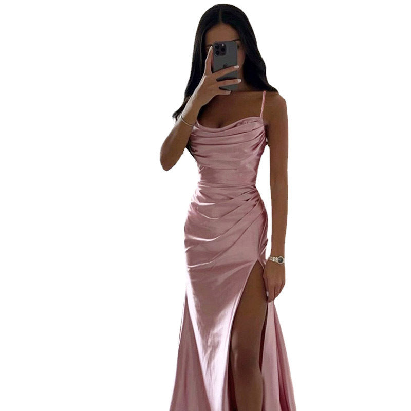 Ladies Elegant Gathered High Slit Maxi Dress Ivyshape