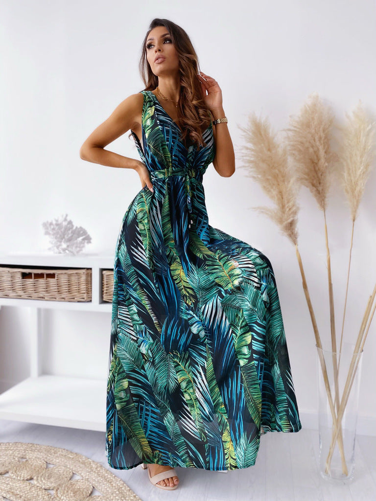 Ladies maxi dress with deep V-neck and sophisticated tie belt Ivyshape