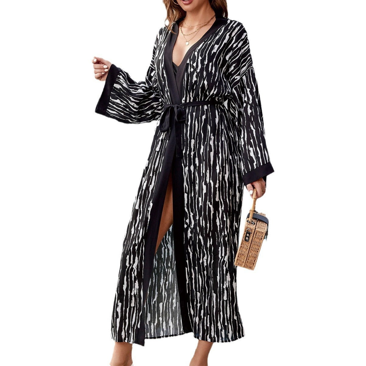 Ladies elegant beach kimono with sophisticated palm pattern and adjustable belt Ivyshape
