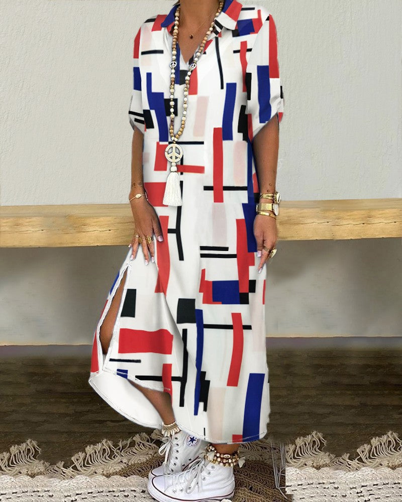 Ladies Long Sleeve Dress with Elegant Schrift Pattern and Side Slits Ivyshape