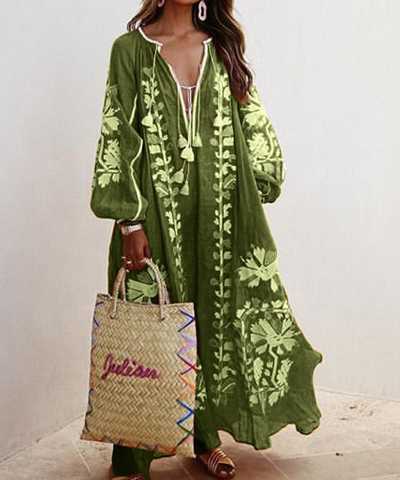 Ladies Long Kaftan with Floral Embroidery and Airy Sleeves Ivyshape