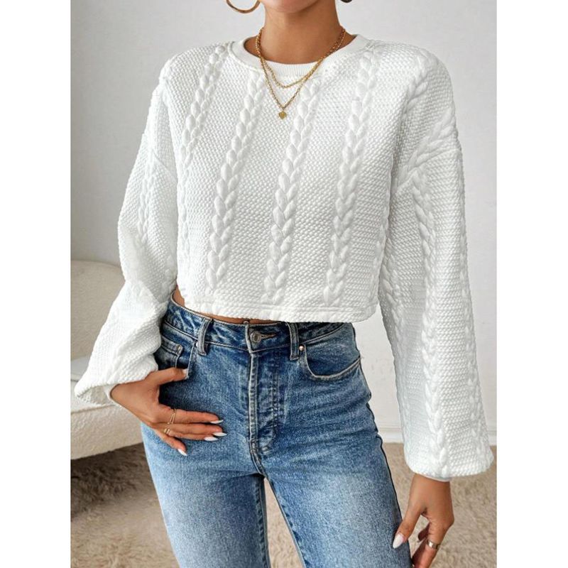Women's Cropped Sweater with Textured Design and Wide Sleeve Ivyshape