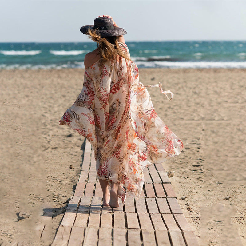 Women's airy beach kaftan with floral design and tie belt Ivyshape