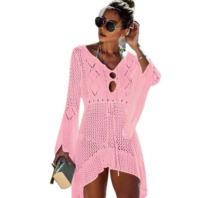 Women Casual Crochet Beach Cover-Up with Deep V-Neck and Loose Fit Ivyshape