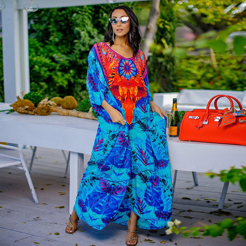 Women's Maxi Kaftan with Colorful Animal Motif and Wide Cut Sleeves Ivyshape