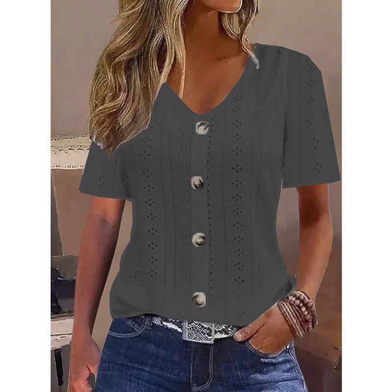 Ladies short sleeve blouse with decorative buttons and lace pattern Ivyshape