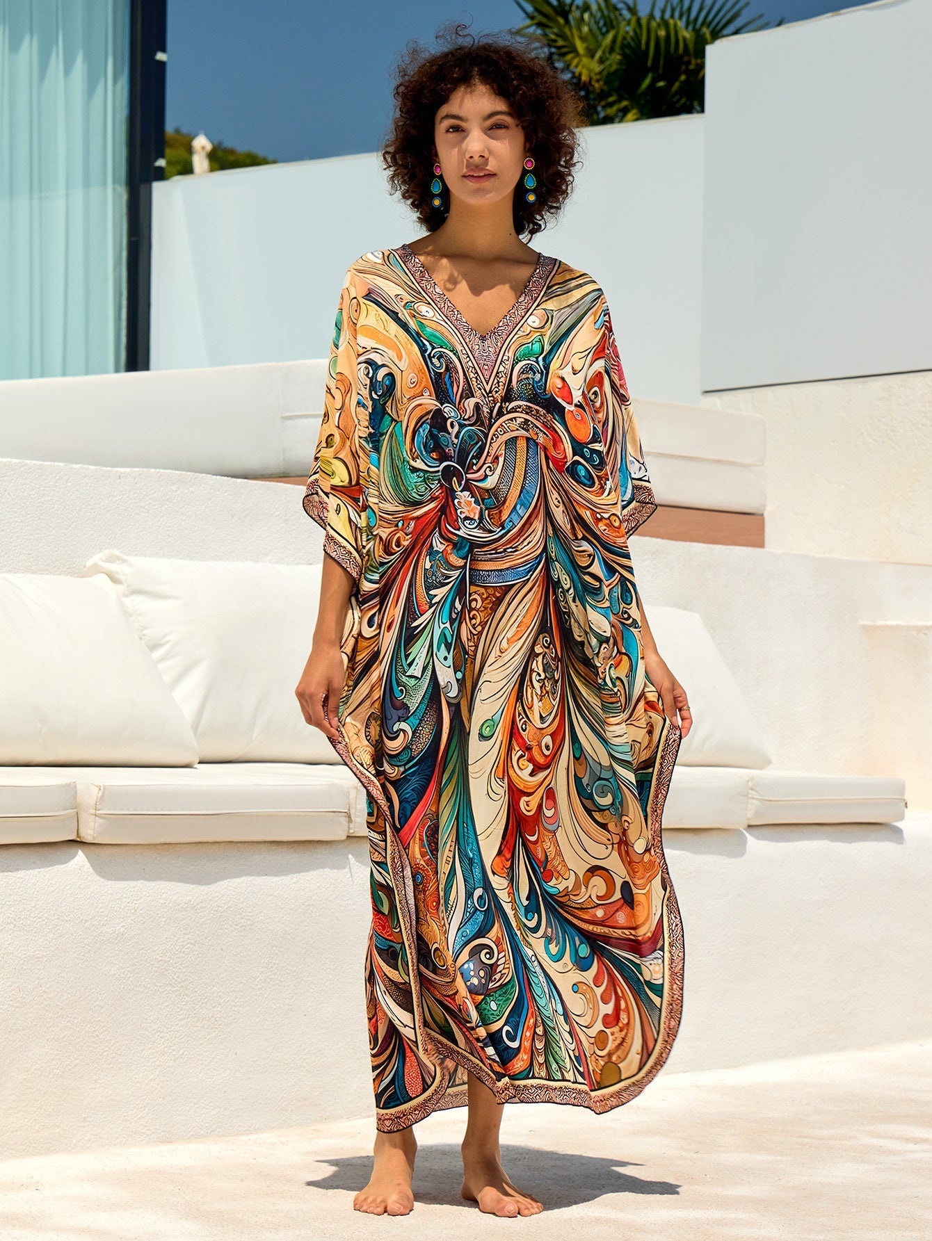 Ladies beach kaftan with cheerful floral design and loose fit Ivyshape