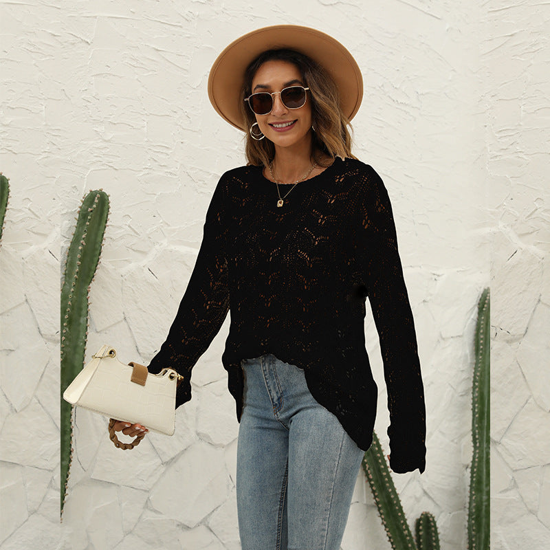 Women's knitted sweater with airy crochet structure and casual fit Ivyshape