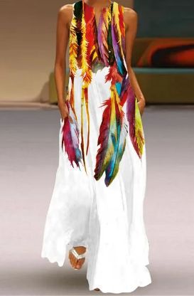 Ladies Maxi Dress with Feather Print Ivyshape