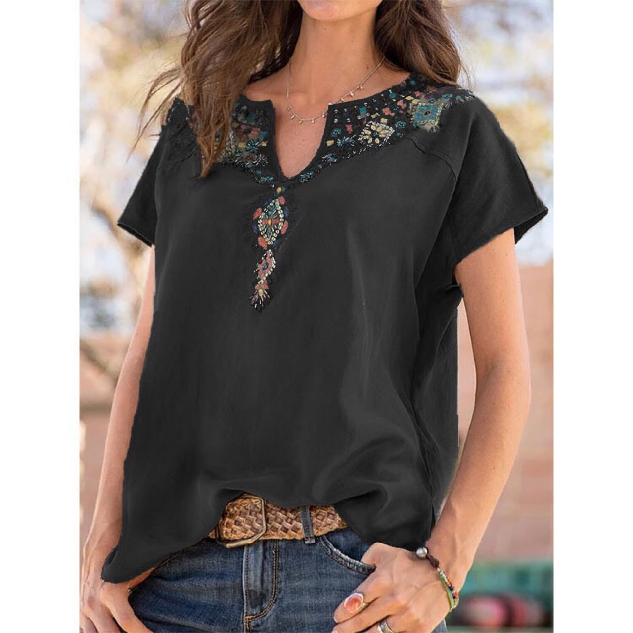 Women's Embroidered V-Neck Short Sleeve Blouse Ivyshape