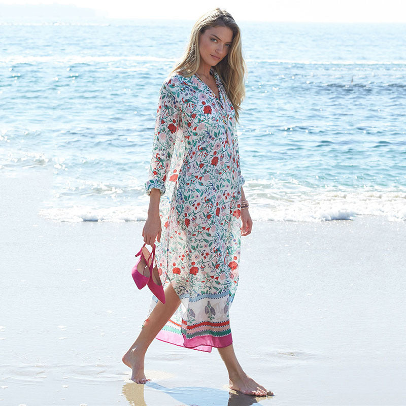 Women's beach tunic with floral pattern mix and long sleeves Ivyshape