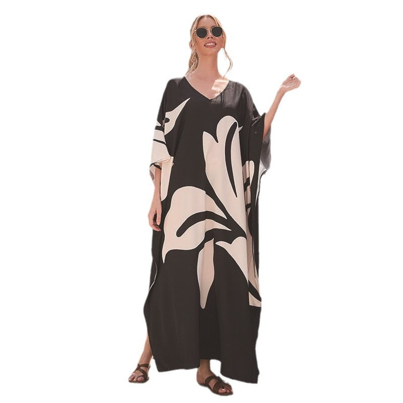 Women’s Maxi Kaftan with Floral Design and V-Neck Ivyshape