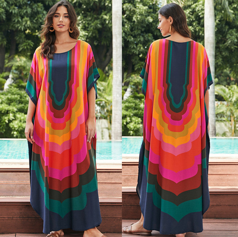 Women's trendy beach kaftan with colorful wave pattern and wide sleeves Ivyshape