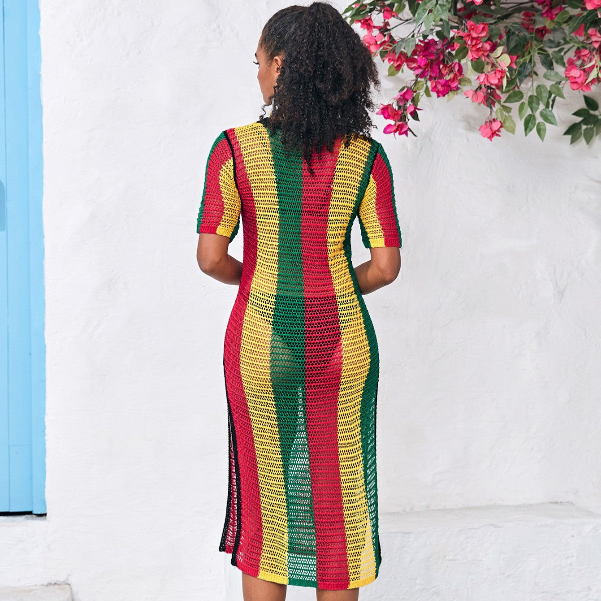 Women airy mesh beach dress with multicolored stripe pattern Ivyshape
