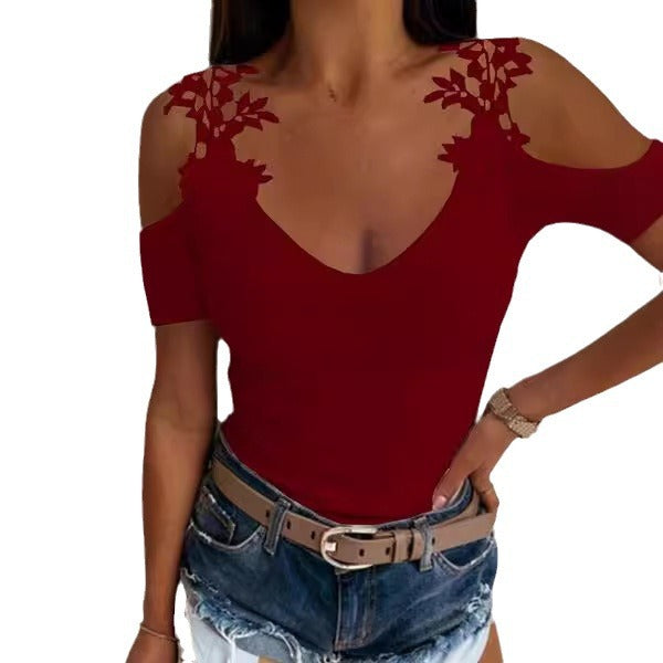 Ladies Cold Shoulder Floral Embellished V-Neck Top Ivyshape