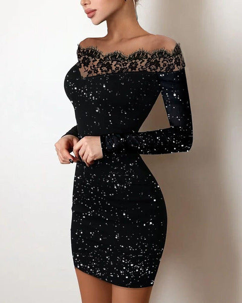 Women's sheath dress with lace neckline and glittering accents Ivyshape