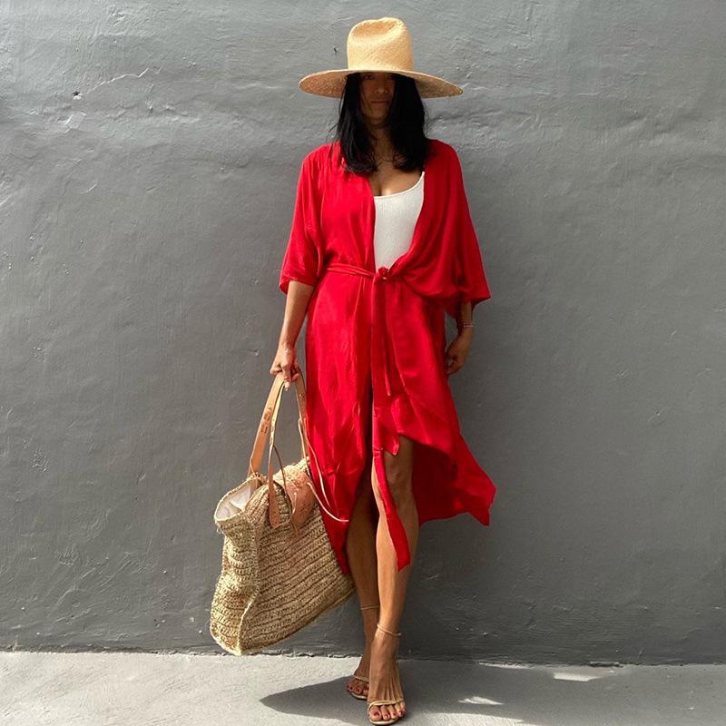Ladies' beach robe with elegant tie belt and side slits Ivyshape