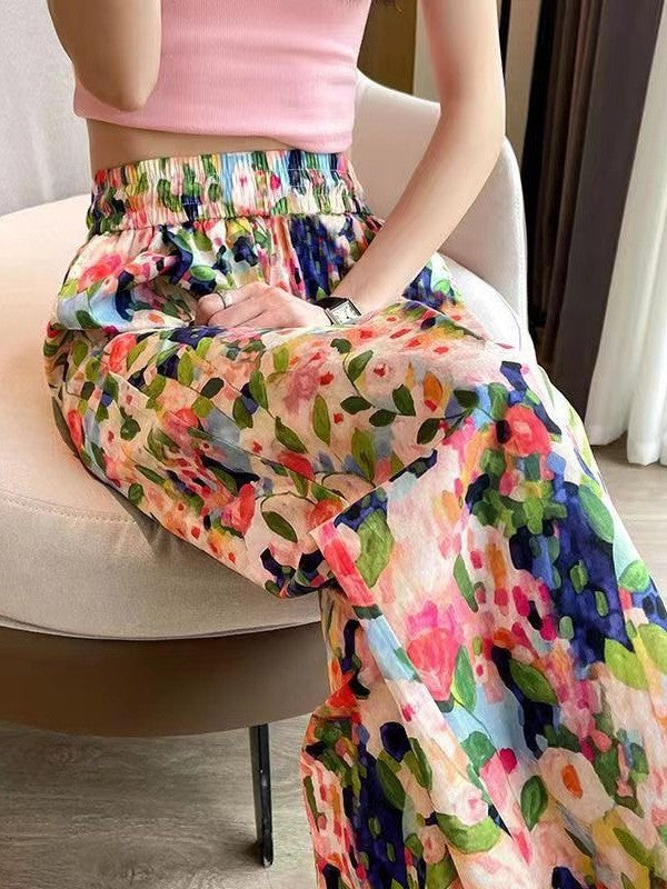 Ladies Floral Pattern Wide Pants Ivyshape