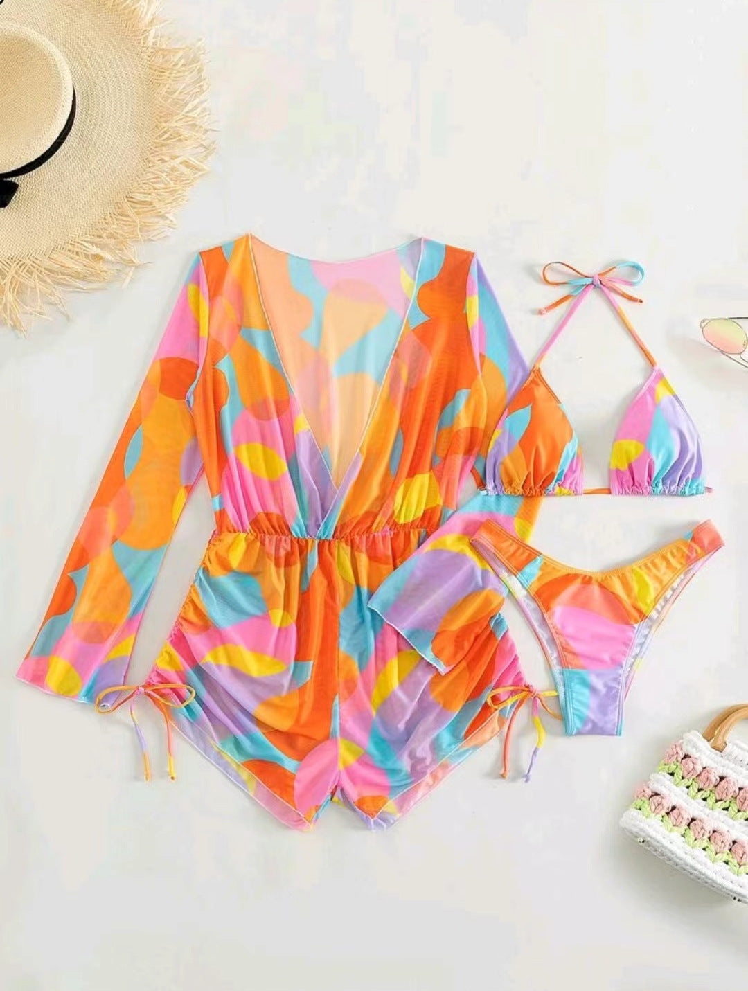 Women's beach dress with deep V-neck and long sleeves Ivyshape