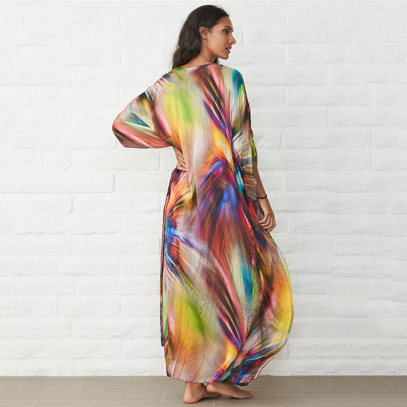 Ladies Maxi Beach Dress with Flowing Color Gradient and Loose Fit Ivyshape