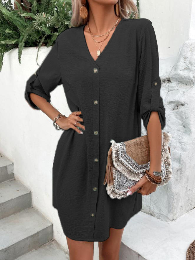 Women's Short Sleeve Shirt Dress with Button Placket and Casual Cut Ivyshape