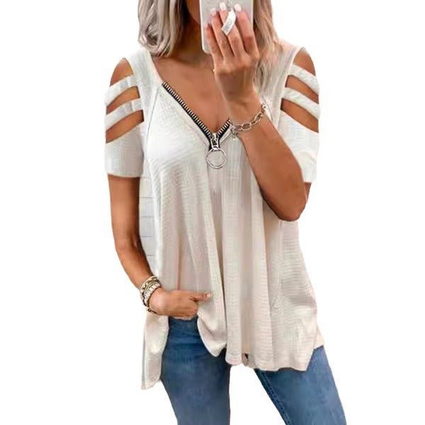 Women Cut-Out Shoulder Top with Zipper Detail Ivyshape