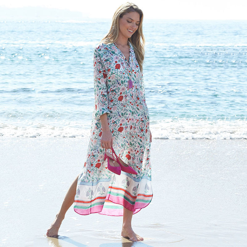 Women's beach tunic with floral pattern mix and long sleeves Ivyshape