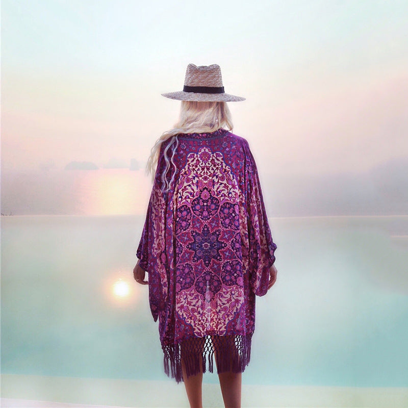 Women's beach kimono with delicate pattern and elegant fringes Ivyshape