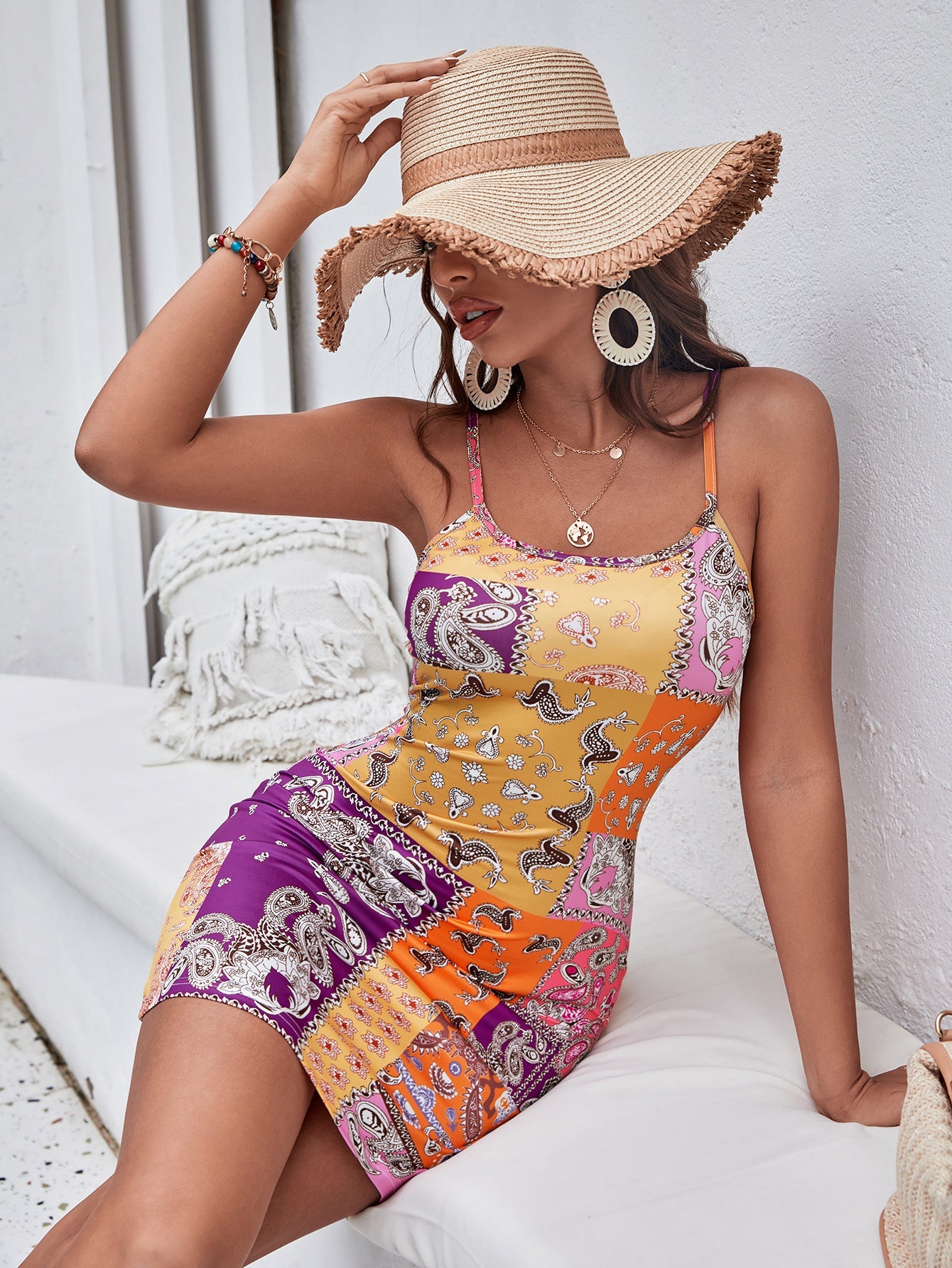 Women's mini dress with colorful paisley pattern and adjustable straps Ivyshape