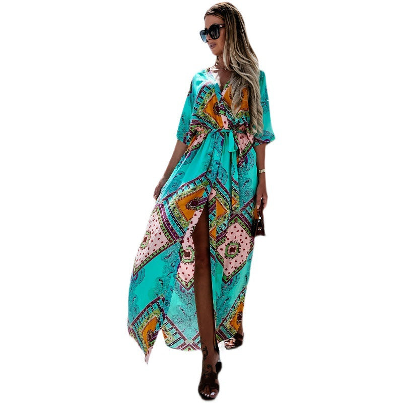Ladies' maxi dress with a loose fit and colorful ethnic pattern Ivyshape